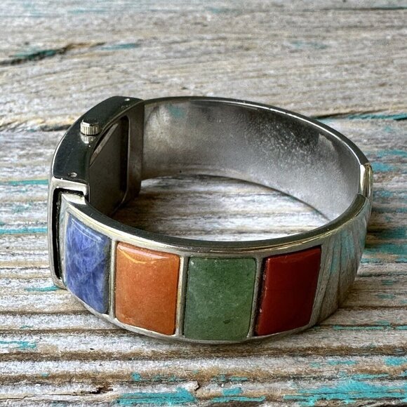 VTG Peck Peck Watch Cuff Bracelet‎ Natural Gemstone Cabochon Inlay Video 6.5 - Picture 4 of 9